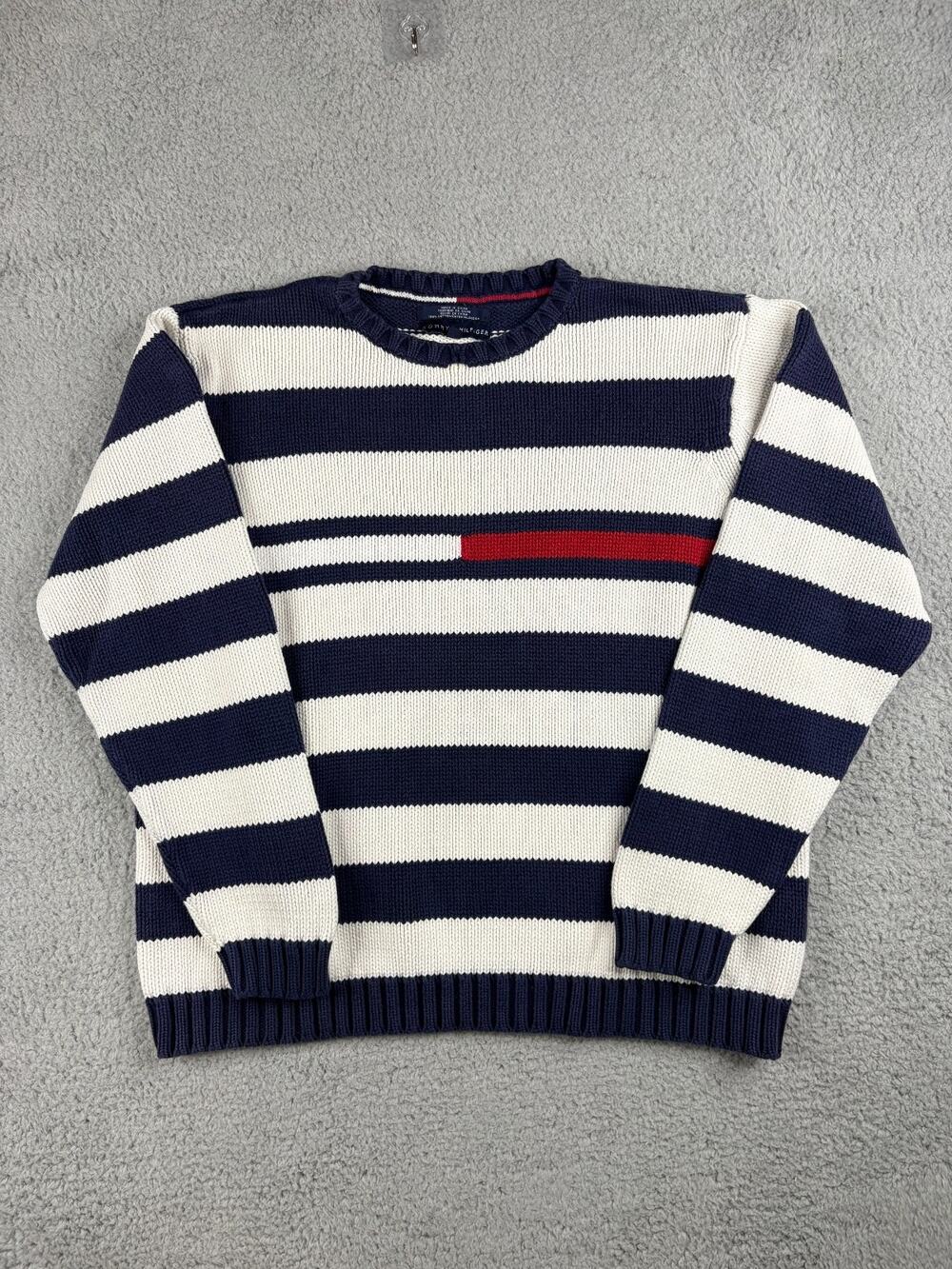 Tommy Hilfiger Sweater Men's Size XL Blue White Striped Cotton Cable Knitted